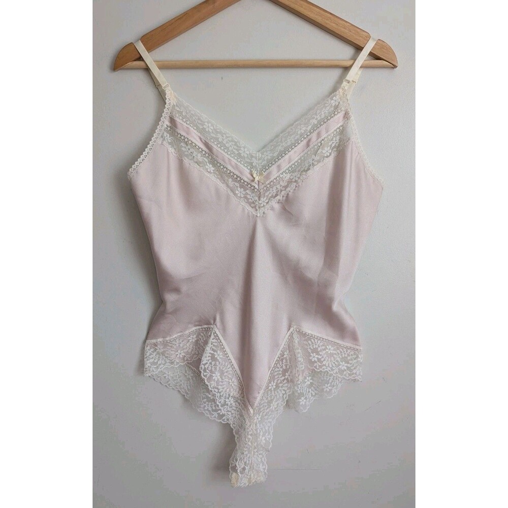 Vintage 80s JCPenney Pale Pink Teddy Bodysuit Lace Trim High Cut Lingerie Fits M